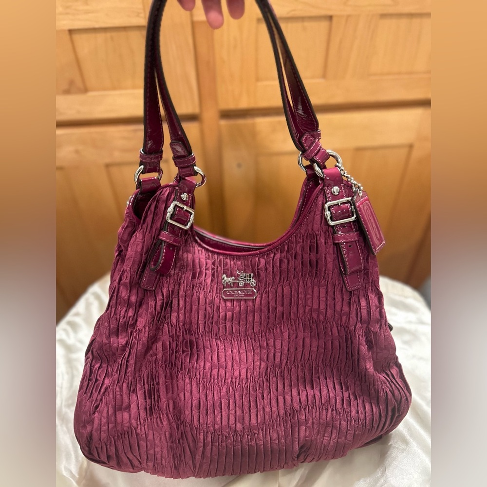 Purple Coach Madison Gathered Sateen Signature Maggie Shoulder Bag